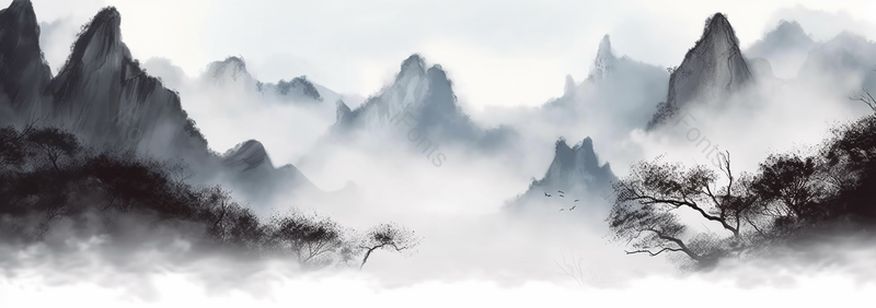 树飞鸟远山云山笼罩中国风水墨画背景,插画/手绘图,插画/手绘图库,插画/手绘图下载,插画/手绘